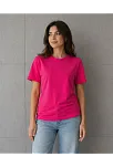 Kadın Basic Pamuklu Tişört Bisiklet Yaka Düz Renk Relaxed Fit T-shirt - Fuşya