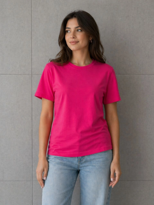 Kadın Basic Pamuklu Tişört Bisiklet Yaka Düz Renk Relaxed Fit T-shirt - Fuşya