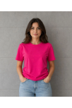 Kadın Basic Pamuklu Tişört Bisiklet Yaka Düz Renk Relaxed Fit T-shirt - Fuşya