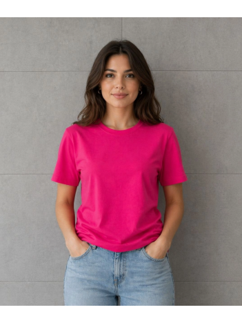 Kadın Basic Pamuklu Tişört Bisiklet Yaka Düz Renk Relaxed Fit T-shirt - Fuşya