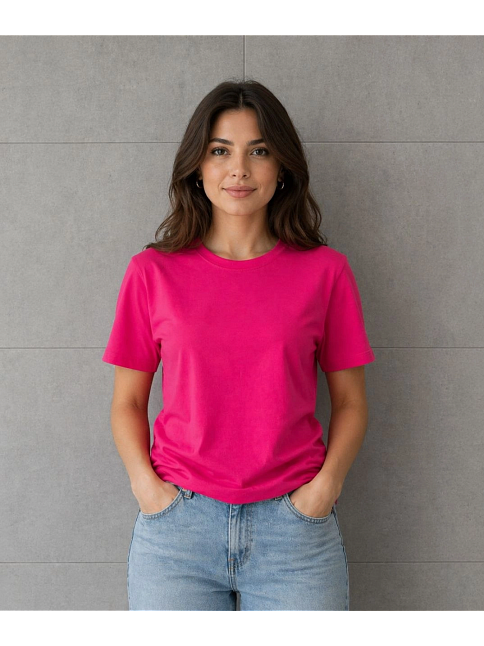 Kadın Basic Pamuklu Tişört Bisiklet Yaka Düz Renk Relaxed Fit T-shirt - Fuşya