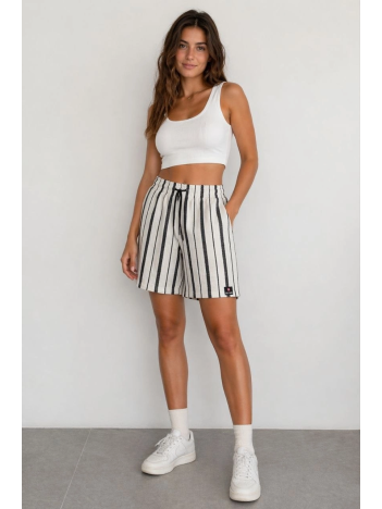 Kadın Çizgili Dokuma Yazlık Şort Yüksek Bel Lastikli Bel Bağcıklı Rahat Kalıp Günlük Şort - Ekru