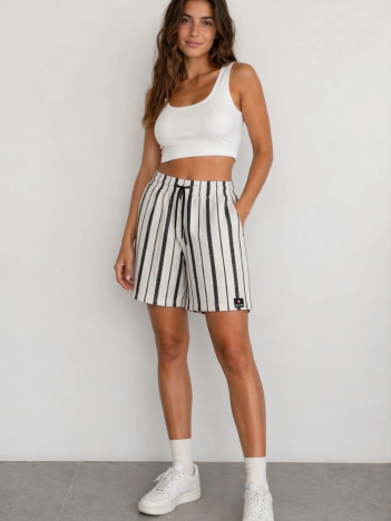 Kadın Çizgili Dokuma Yazlık Şort Yüksek Bel Lastikli Bel Bağcıklı Rahat Kalıp Günlük Şort - Ekru