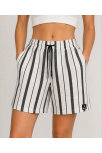 Kadın Çizgili Dokuma Yazlık Şort Yüksek Bel Lastikli Bel Bağcıklı Rahat Kalıp Günlük Şort - Ekru