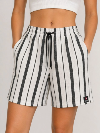 Kadın Çizgili Dokuma Yazlık Şort Yüksek Bel Lastikli Bel Bağcıklı Rahat Kalıp Günlük Şort - Ekru