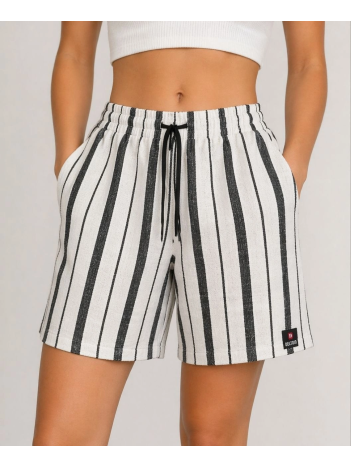 Kadın Çizgili Dokuma Yazlık Şort Yüksek Bel Lastikli Bel Bağcıklı Rahat Kalıp Günlük Şort - Ekru