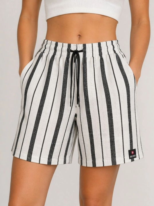 Kadın Çizgili Dokuma Yazlık Şort Yüksek Bel Lastikli Bel Bağcıklı Rahat Kalıp Günlük Şort - Ekru