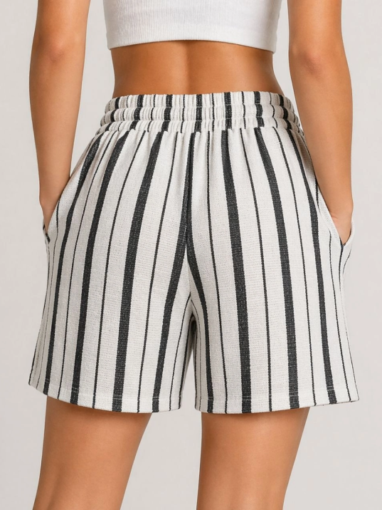 Kadın Çizgili Dokuma Yazlık Şort Yüksek Bel Lastikli Bel Bağcıklı Rahat Kalıp Günlük Şort - Ekru