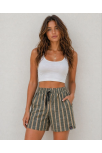 Kadın Çizgili Dokuma Şort Yüksek Bel Lastikli Cepli Yazlık Rahat Kesim - Haki