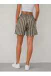 Kadın Çizgili Dokuma Şort Yüksek Bel Lastikli Cepli Yazlık Rahat Kesim - Haki