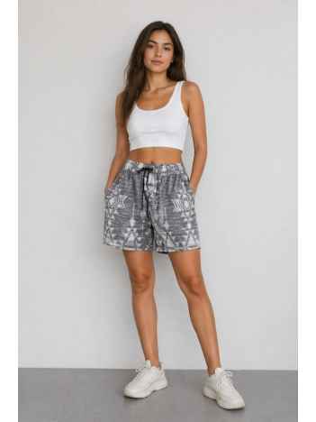 Kadın Etnik Desenli Dokuma Şort Yüksek Bel Lastikli Bağcıklı Cepli Yazlık Rahat - Gri