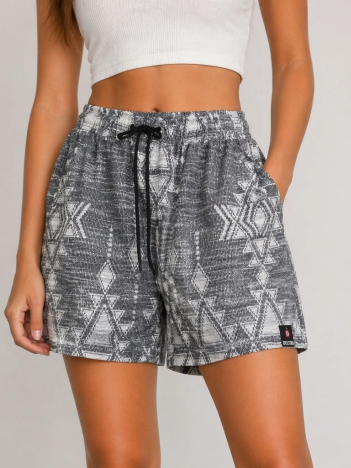 Kadın Etnik Desenli Dokuma Şort Yüksek Bel Lastikli Bağcıklı Cepli Yazlık Rahat - Gri