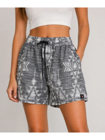 Kadın Etnik Desenli Dokuma Şort Yüksek Bel Lastikli Bağcıklı Cepli Yazlık Rahat - Gri