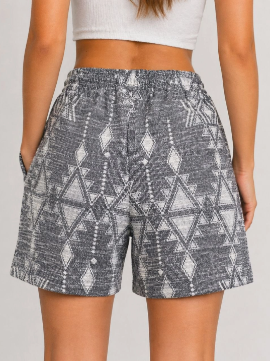 Kadın Etnik Desenli Dokuma Şort Yüksek Bel Lastikli Bağcıklı Cepli Yazlık Rahat - Gri