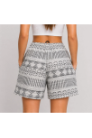 Kadın Etnik Desenli Dokuma Şort Yüksek Bel Lastikli Bağcıklı Cepli Yazlık Rahat - Gri