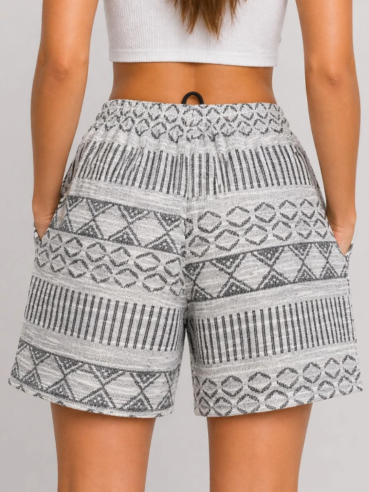 Kadın Etnik Desenli Dokuma Şort Yüksek Bel Lastikli Bağcıklı Cepli Yazlık Rahat - Gri