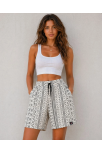 Kadın Etnik Desenli Dokuma Şort Yüksek Bel Lastikli Bağcıklı Cepli Rahat Kesim Yazlık - Gri