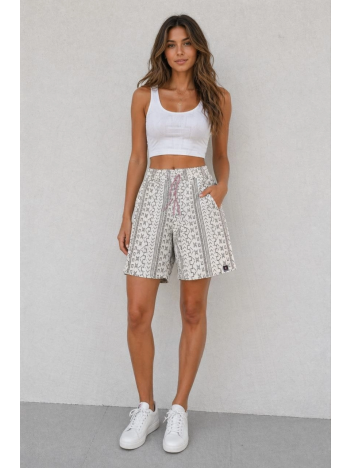 Kadın Dokuma Şort Etnik Desenli Lastikli Bağcıklı Bel Cepli Yazlık Rahat - Bej