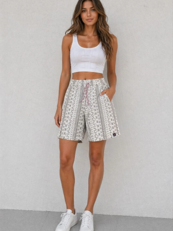 Kadın Dokuma Şort Etnik Desenli Lastikli Bağcıklı Bel Cepli Yazlık Rahat - Bej