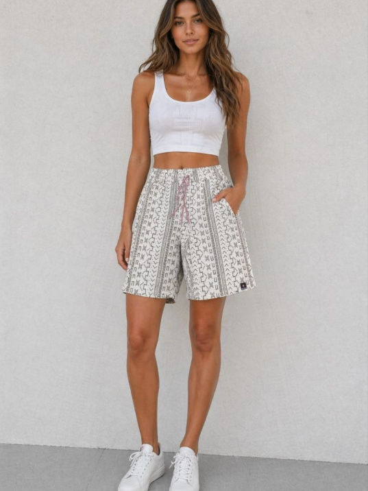 Kadın Dokuma Şort Etnik Desenli Lastikli Bağcıklı Bel Cepli Yazlık Rahat - Bej