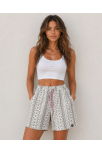Kadın Dokuma Şort Etnik Desenli Lastikli Bağcıklı Bel Cepli Yazlık Rahat - Bej