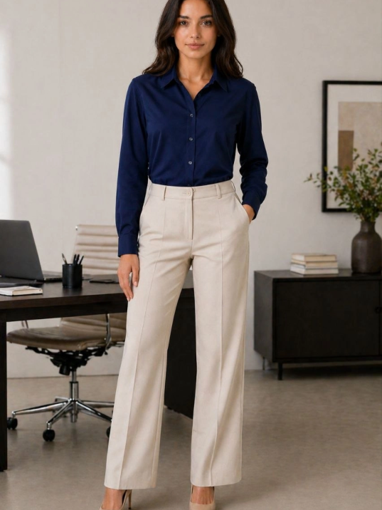 Kadın Uzun Kol Gömlek Düğmeli Klasik Yaka Günlük Ve Ofis Şıklığına Uygun - Lacivert