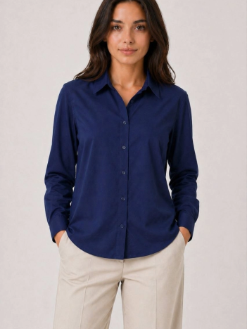 Kadın Uzun Kol Gömlek Düğmeli Klasik Yaka Günlük Ve Ofis Şıklığına Uygun - Lacivert