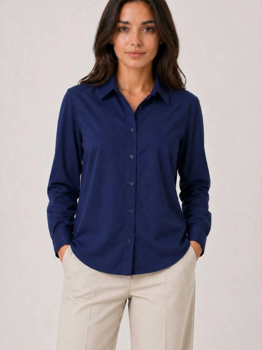 Kadın Uzun Kol Gömlek Düğmeli Klasik Yaka Günlük Ve Ofis Şıklığına Uygun - Lacivert