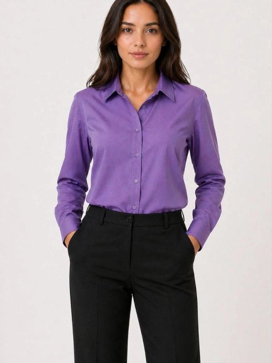 Kadın Uzun Kol Gömlek Düğmeli Klasik Yaka Günlük Ve Ofis Şıklığına Uygun - Mor