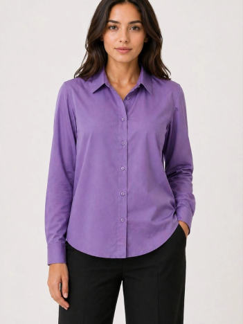 Kadın Uzun Kol Gömlek Düğmeli Klasik Yaka Günlük Ve Ofis Şıklığına Uygun - Mor