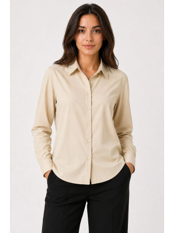 Kadın Uzun Kol Gömlek Düğmeli Klasik Yaka Günlük Ve Ofis Şıklığına Uygun - Bej