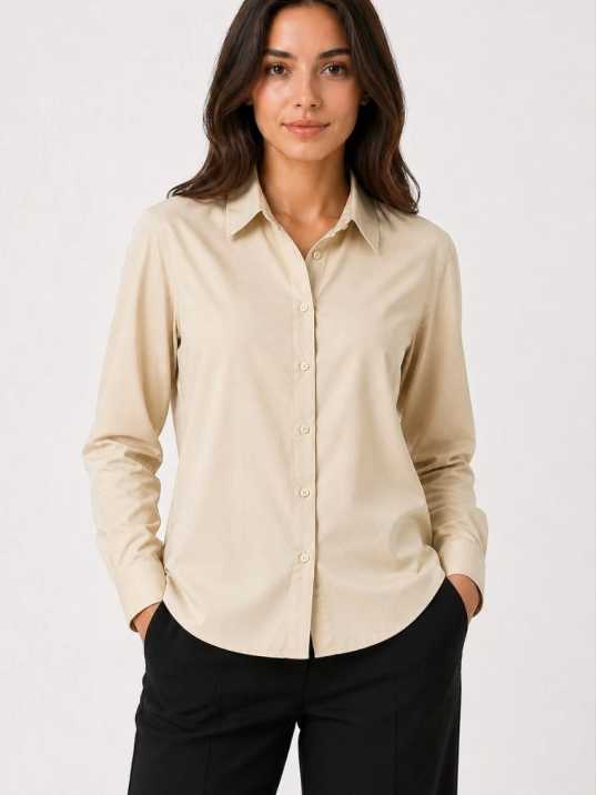 Kadın Uzun Kol Gömlek Düğmeli Klasik Yaka Günlük Ve Ofis Şıklığına Uygun - Bej