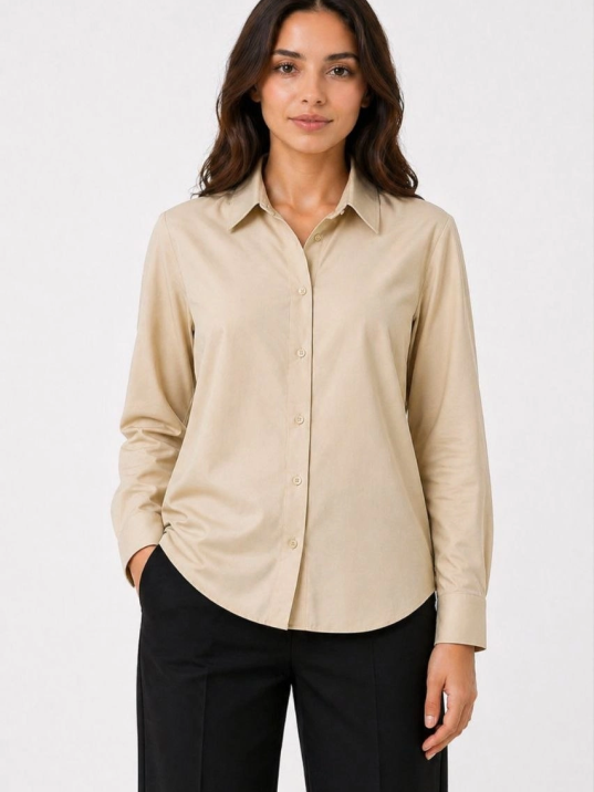 Kadın Uzun Kol Gömlek Düğmeli Klasik Yaka Günlük Ve Ofis Şıklığına Uygun - Bej