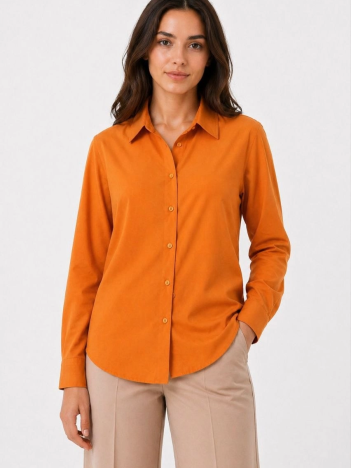 Kadın Uzun Kol Gömlek Düğmeli Klasik Yaka Günlük Ve Ofis Şıklığına Uygun - Turuncu