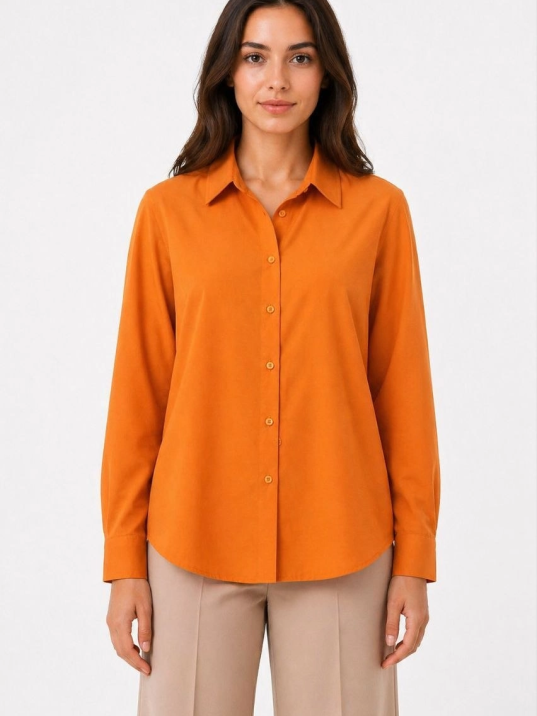 Kadın Uzun Kol Gömlek Düğmeli Klasik Yaka Günlük Ve Ofis Şıklığına Uygun - Turuncu