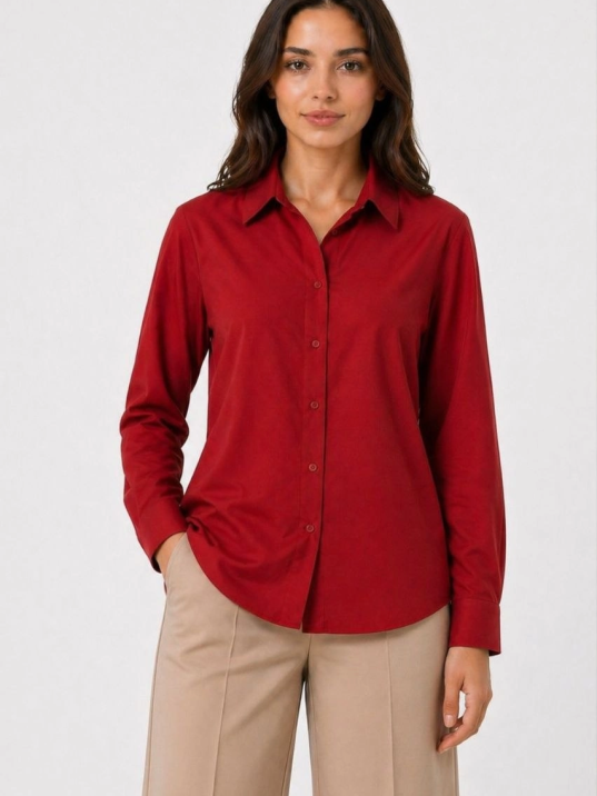 Kadın Uzun Kol Gömlek Düğmeli Klasik Yaka Günlük Ve Ofis Şıklığına Uygun - Kırmızı