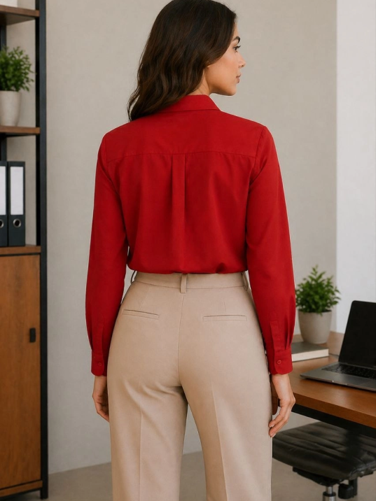 Kadın Uzun Kol Gömlek Düğmeli Klasik Yaka Günlük Ve Ofis Şıklığına Uygun - Kırmızı