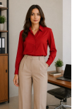 Kadın Uzun Kol Gömlek Düğmeli Klasik Yaka Günlük Ve Ofis Şıklığına Uygun - Kırmızı