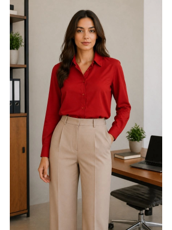Kadın Uzun Kol Gömlek Düğmeli Klasik Yaka Günlük Ve Ofis Şıklığına Uygun - Kırmızı
