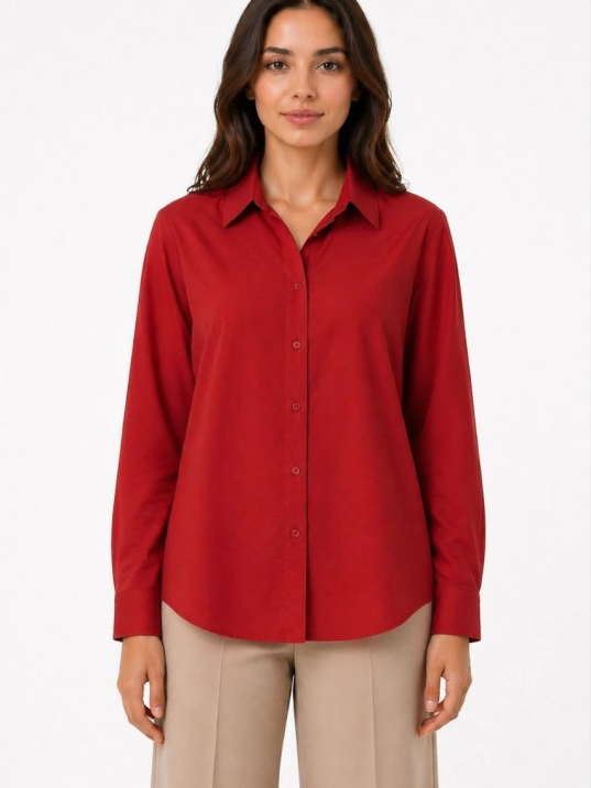 Kadın Uzun Kol Gömlek Düğmeli Klasik Yaka Günlük Ve Ofis Şıklığına Uygun - Kırmızı