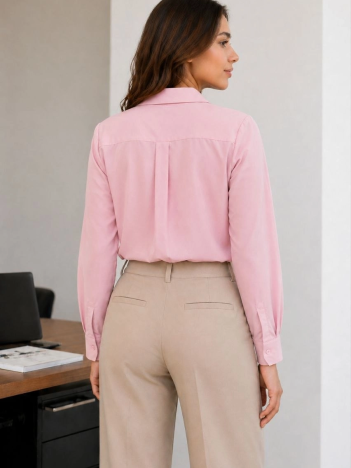 Kadın Uzun Kol Gömlek Düğmeli Klasik Yaka Günlük Ve Ofis Şıklığına Uygun - Toz Pembe