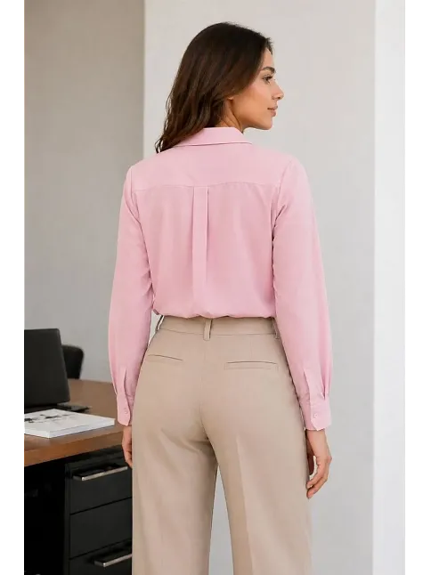 Kadın Uzun Kol Gömlek Düğmeli Klasik Yaka Günlük Ve Ofis Şıklığına Uygun - Toz Pembe
