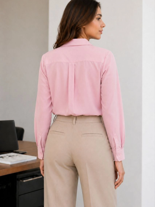 Kadın Uzun Kol Gömlek Düğmeli Klasik Yaka Günlük Ve Ofis Şıklığına Uygun - Toz Pembe
