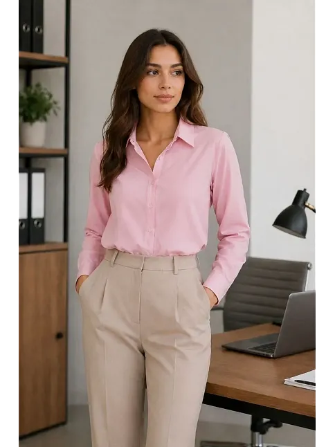 Kadın Uzun Kol Gömlek Düğmeli Klasik Yaka Günlük Ve Ofis Şıklığına Uygun - Toz Pembe
