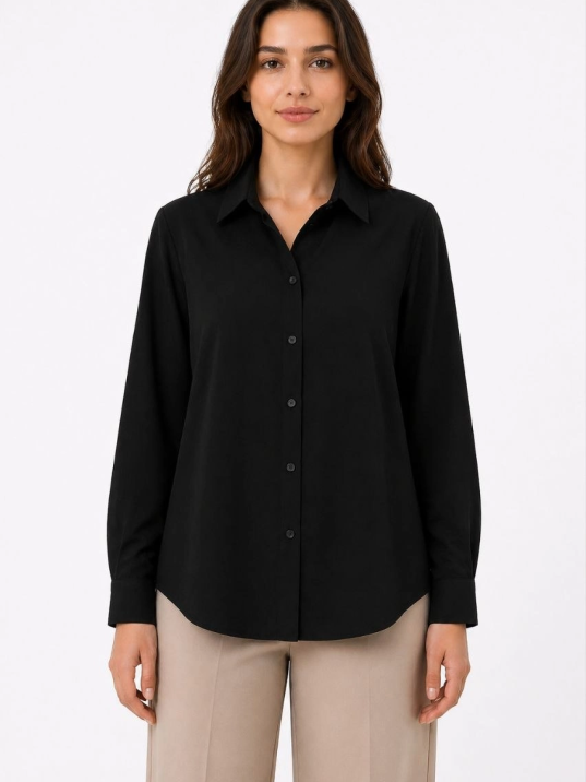 Kadın Uzun Kol Gömlek Düğmeli Klasik Yaka Günlük Ve Ofis Şıklığına Uygun - Siyah
