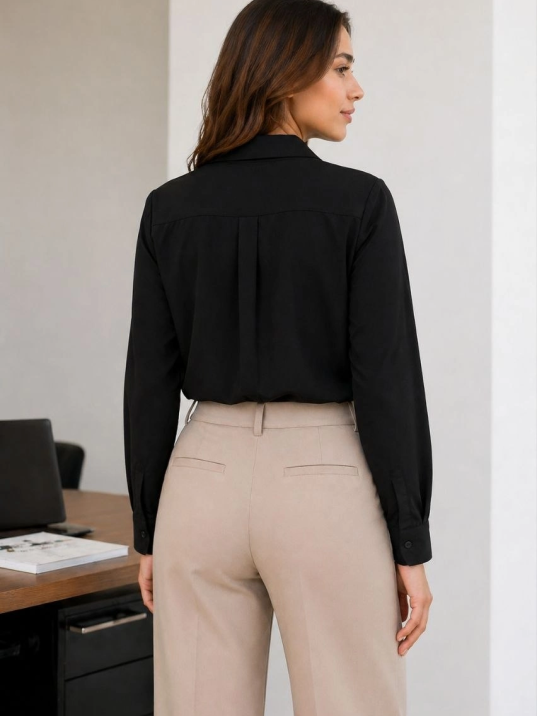 Kadın Uzun Kol Gömlek Düğmeli Klasik Yaka Günlük Ve Ofis Şıklığına Uygun - Siyah