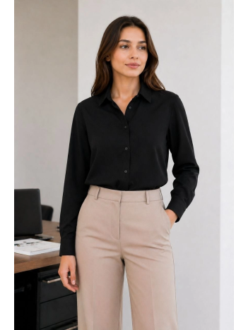Kadın Uzun Kol Gömlek Düğmeli Klasik Yaka Günlük Ve Ofis Şıklığına Uygun - Siyah