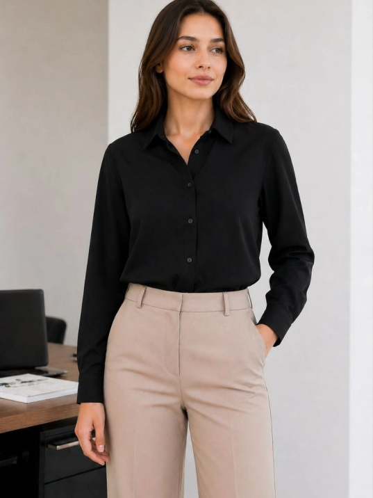 Kadın Uzun Kol Gömlek Düğmeli Klasik Yaka Günlük Ve Ofis Şıklığına Uygun - Siyah