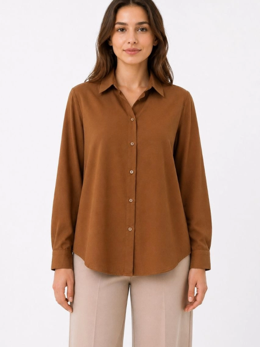 Kadın Uzun Kol Gömlek Düğmeli Klasik Yaka Günlük Ve Ofis Şıklığına Uygun - Kahverengi