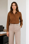 Kadın Uzun Kol Gömlek Düğmeli Klasik Yaka Günlük Ve Ofis Şıklığına Uygun - Kahverengi